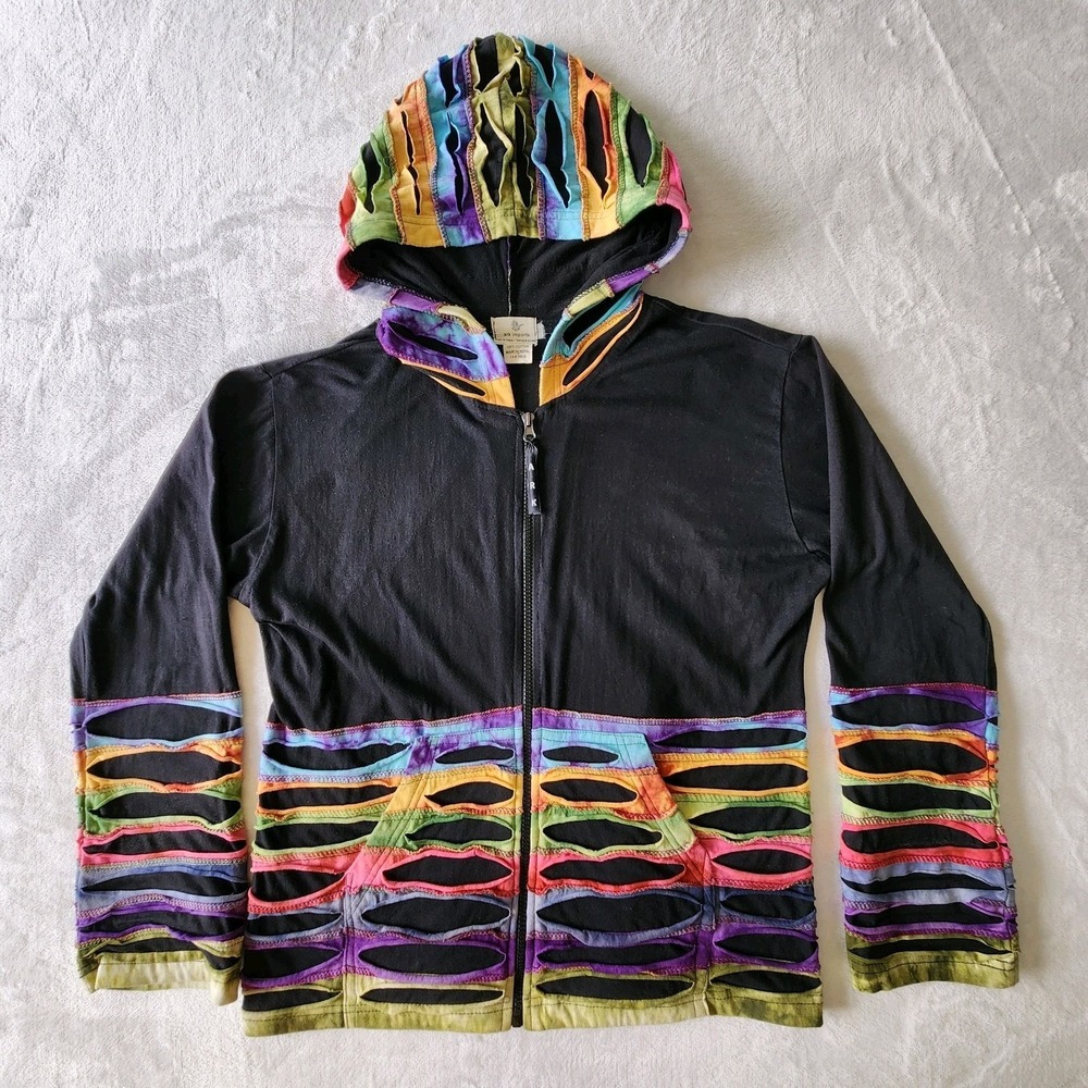 Y2K Hippie Hoodie Womens Small‎ Rainbow Stripe Psychedelic Pixie Rave Jacket 90s
